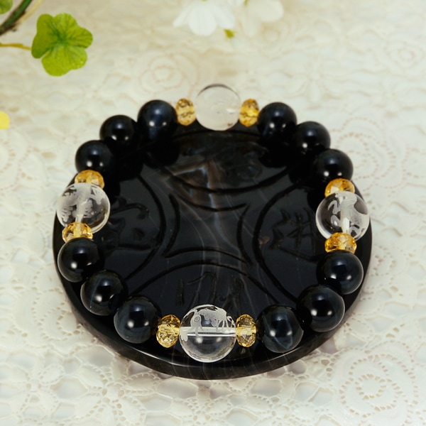 素彫り四神獣水晶×シトリン・ブルータイガーアイブレスレット