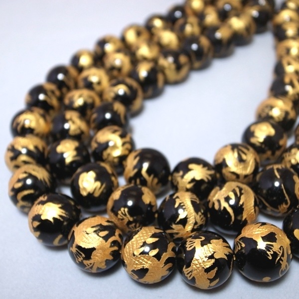 【黒オニキス】☆彫刻青龍 一連 （φ10mm-14mm） 連売り 素材 パーツ 丸玉