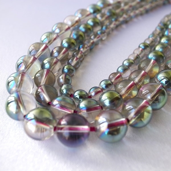 グリーン×ピンクオーラ水晶 一連 （φ8mm-12mm） 連売り 素材 パーツ 丸玉