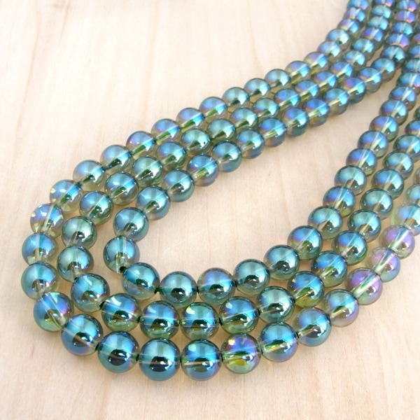 グリーンオーラ水晶 一連 （φ6mm、φ10mm） 連売り 素材 パーツ 丸玉