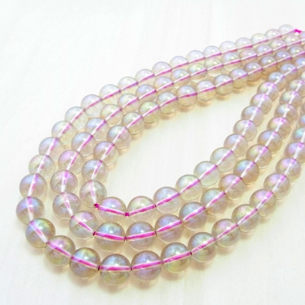 ピンクオーラ水晶 一連 (φ10mm-12mm) 連売り 素材 パーツ 丸玉