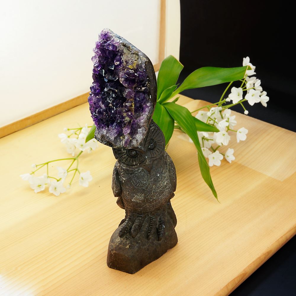 激レア！ アメジストと熔岩石のコラボ 手彫り 彫刻 フクロウ