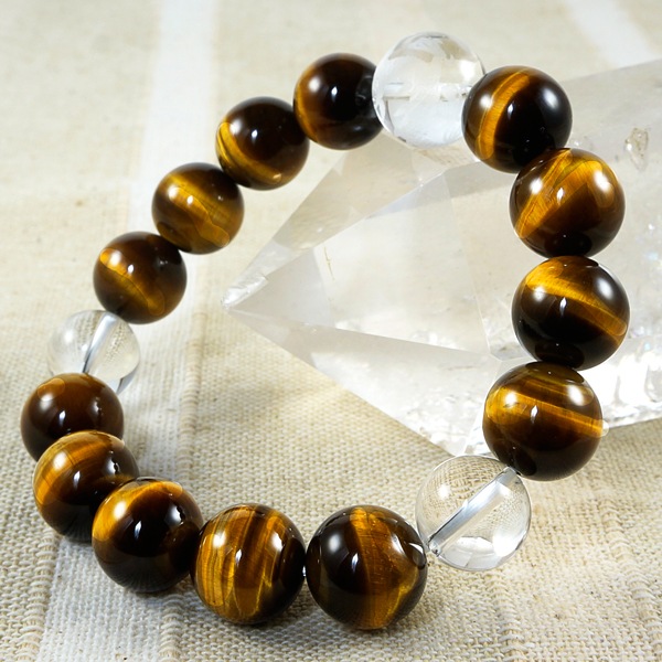 彫刻青龍水晶φ14mm×イエロータイガーアイ12mmブレスレット　パワーストーン 天然石 腕輪 アクセサリー