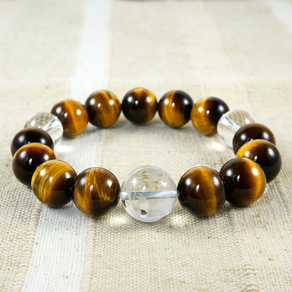 彫刻青龍水晶φ14mm×イエロータイガーアイ12mmブレスレット　パワーストーン 天然石 腕輪 アクセサリー