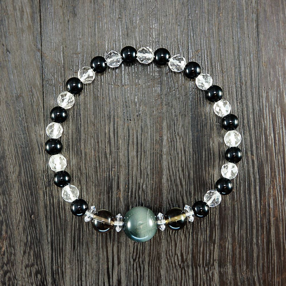 ✳最強パワーの黒平水晶スモーキークォーツ*ブレスレット　抜群の透過色彩　鑑別書付 イーグルアイ× スモーキークォーツ × オニキス × 水晶