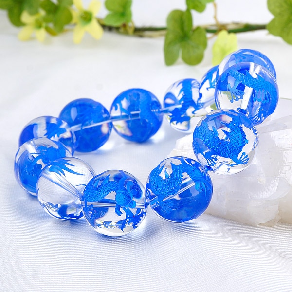 迫力！高品質水晶 龍彫刻 ブレスレット 青色 16mm 約18cm 五