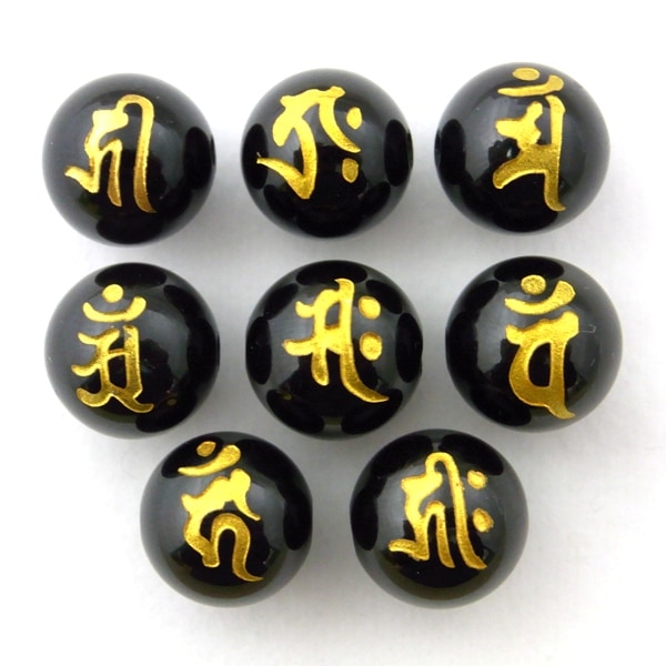 天然石　粒売り　金彫り　七梵字　オニキス 12mm　100粒 楽天市場】七梵字金彫り オニキス 12mm パワーストーン 数珠