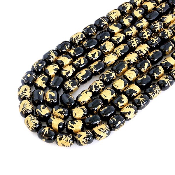 アウトレット】＜円柱＞黒オニキス金塗手彫四神獣 粒売り ばら売り