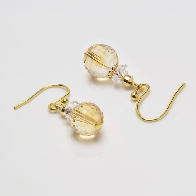 ラウンドカットシトリン8mm×平カット水晶 ピアス パワーストーン 天然石