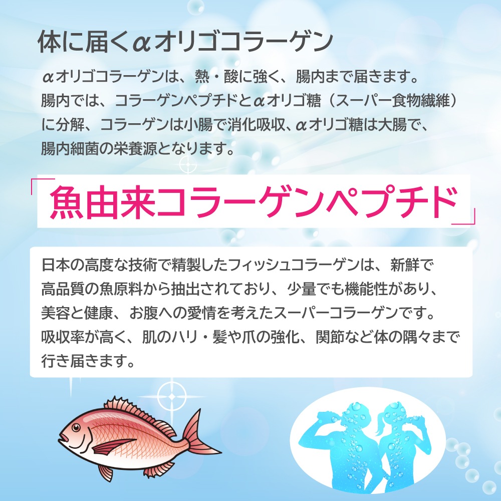 日本製『整腸力』スッと溶ける!スーパー食物繊維コラーゲン(α-オリゴ糖+フィッシュコラーゲン) 100%大腸へのスーパー食物繊維 善玉菌増殖、短鎖脂肪酸産生、美容 健康 長寿♪ 国際特許出願済 αオリゴ糖 コラーゲン 日本製 魚由来 フィッシュコラーゲンペプチド 国際特許番号7675977号(取得日2025.5.2)