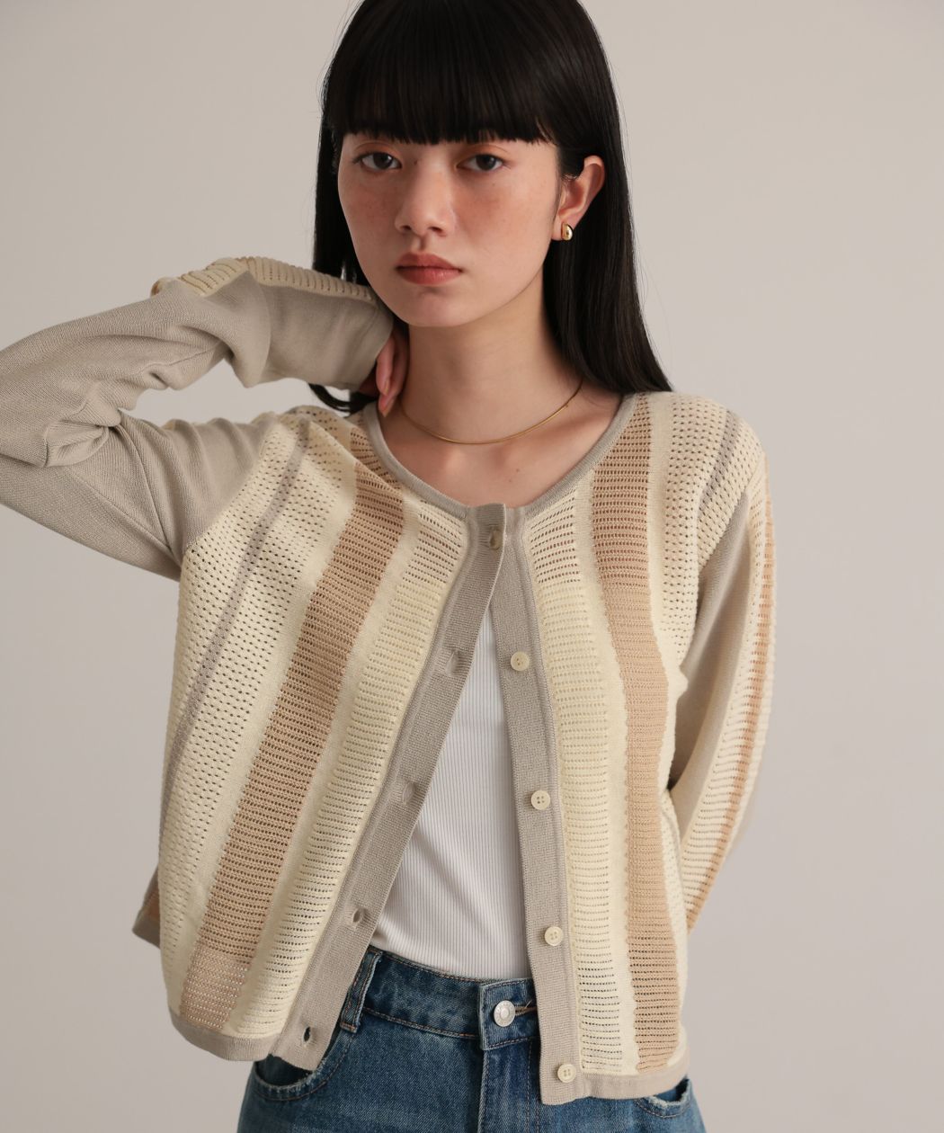 Striped openwork knit cardigan/ Light Gray