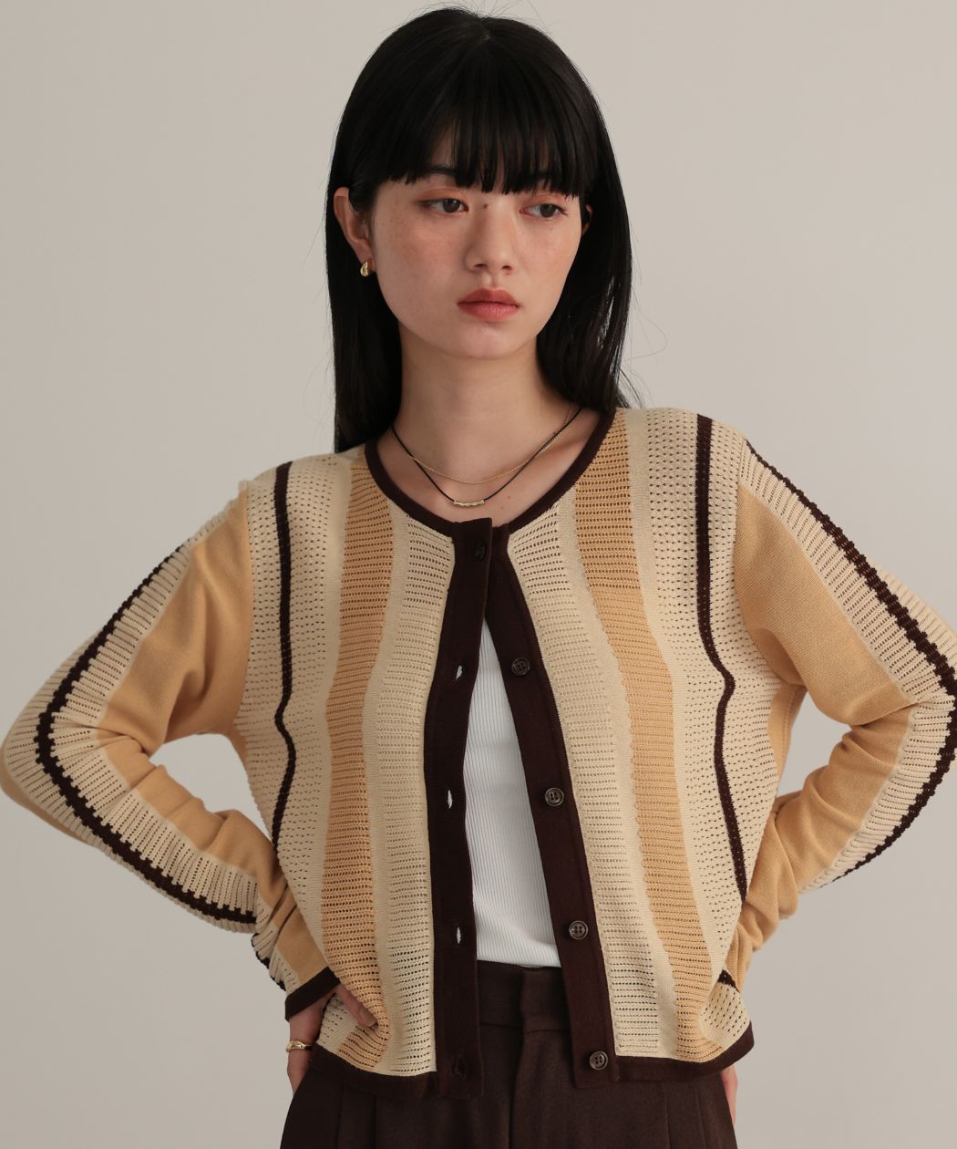 Striped openwork knit cardigan / Beige | NEW ARRIVAL | TENTO