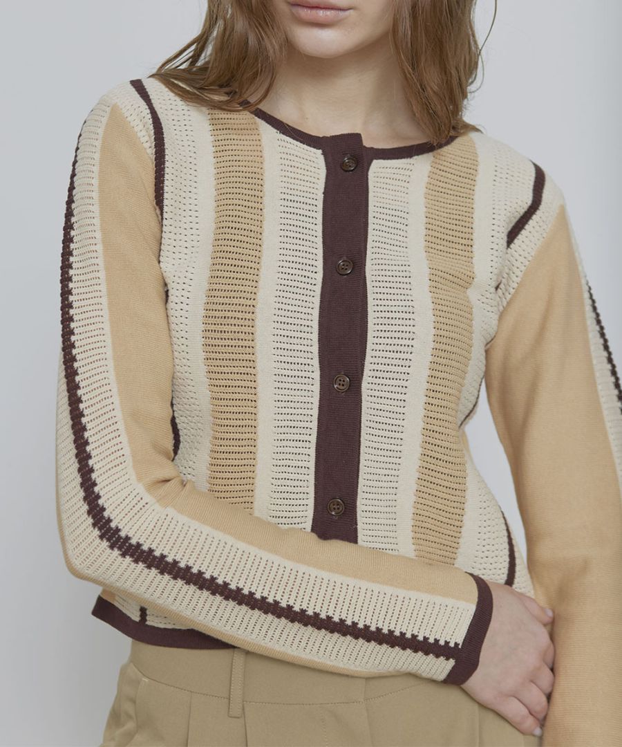 ストライプ透かし編みニットカーディガン / Beige