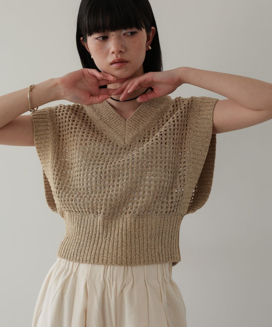 Mixed yarn ｍesh cropped knit vest