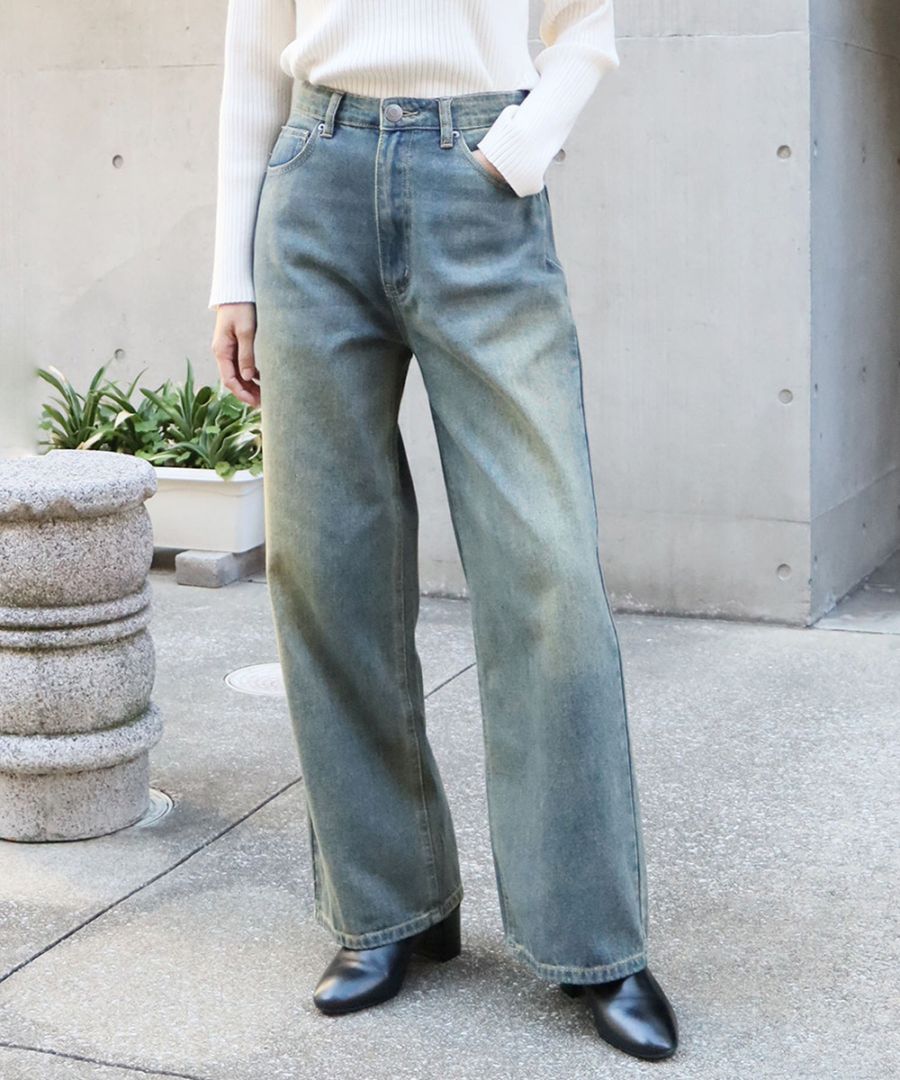 【attiree】ヴィンテージライク ワイドストレートデニムパンツ
