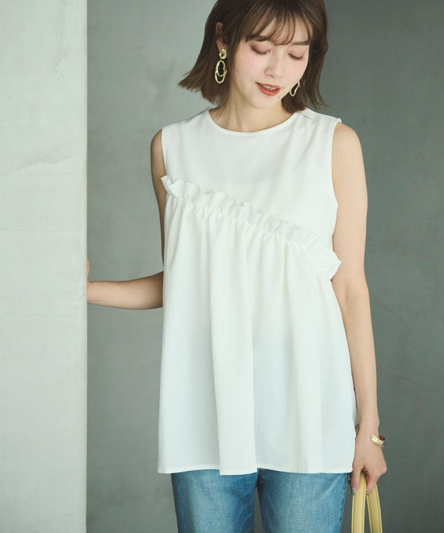 【attiree】アシメフリルギャザーノースリトップス