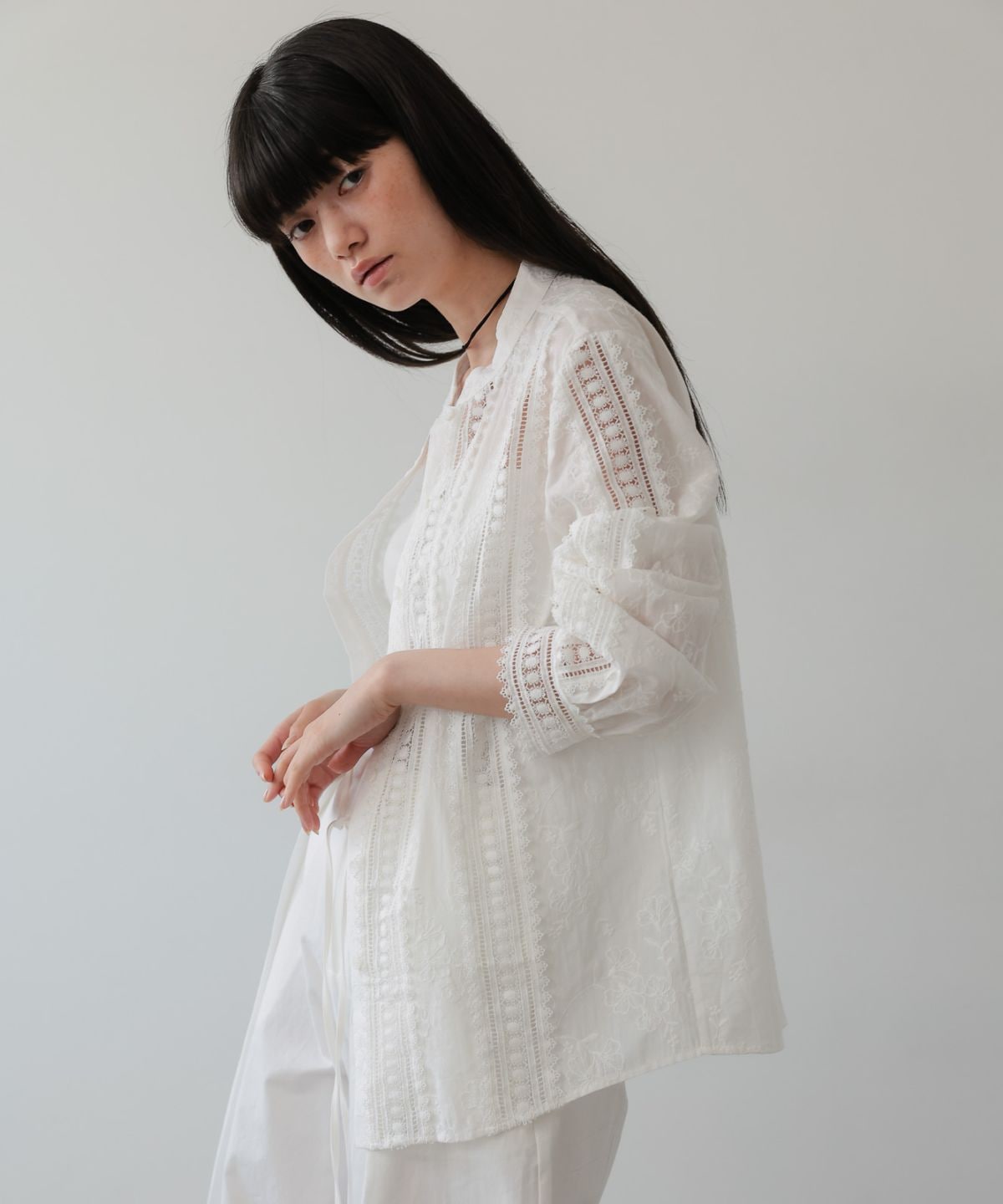 Cotton Lace Embroidered Long-Sleeve Shirt