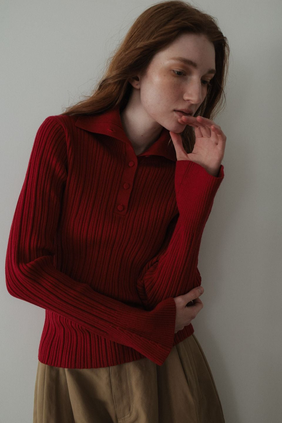 【Red】Variegated Rib High-Neck Knit Sweater