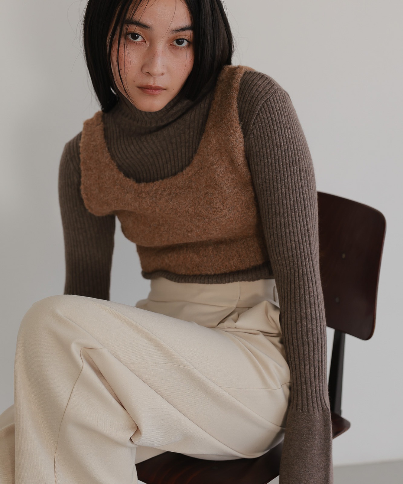 Rib Turtleneck Knit with Boucle Bustier | Knit | TENTO