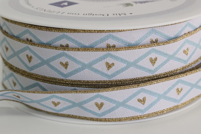 【50cm単位】約幅16mm-金糸のハート柄<BR>ドイツ製・ヨーロッパ製リボン<BR>輸入リボンの為、再入荷の際はお時間がかかります。