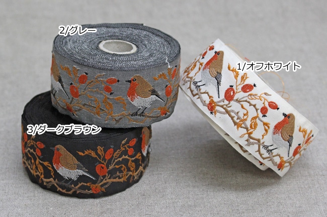 kafka カフカ社【50cm単位】約幅40mm　コマドリ柄(小鳥柄　野鳥)チロリアンテープ　ジャガードリボン