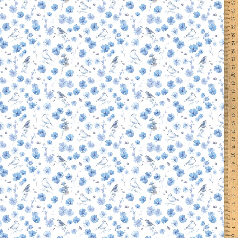 【145cm×50cm】ドイツ輸入生地　 ブルーの小花と鳥の生地　acufactum