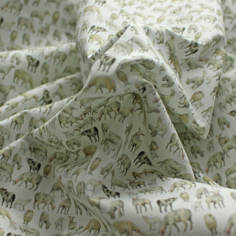【140cm×50cm】ドイツ輸入生地　acufactum766　羊、子羊、牛柄　牧草地の動物たち柄の生地