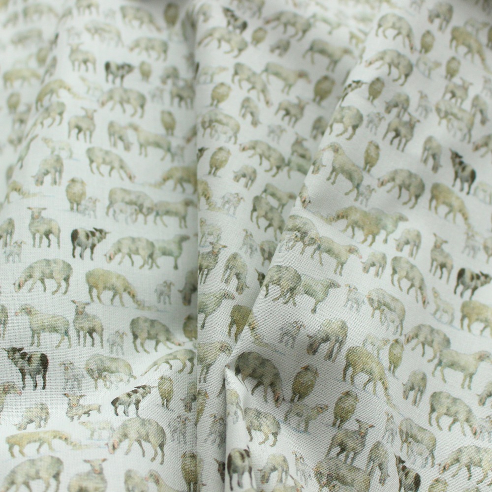 【140cm×50cm】ドイツ輸入生地　acufactum766　羊、子羊、牛柄　牧草地の動物たち柄の生地