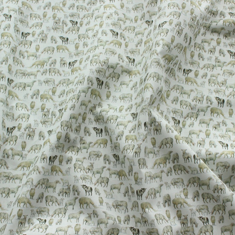 【140cm×50cm】ドイツ輸入生地　acufactum766　羊、子羊、牛柄　牧草地の動物たち柄の生地
