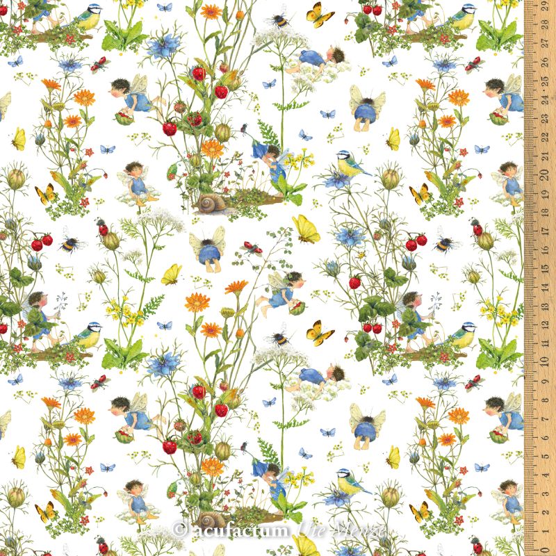 145cm×50cm】ドイツ輸入生地 acufactum884 蝶々と妖精、蜂、鳥柄