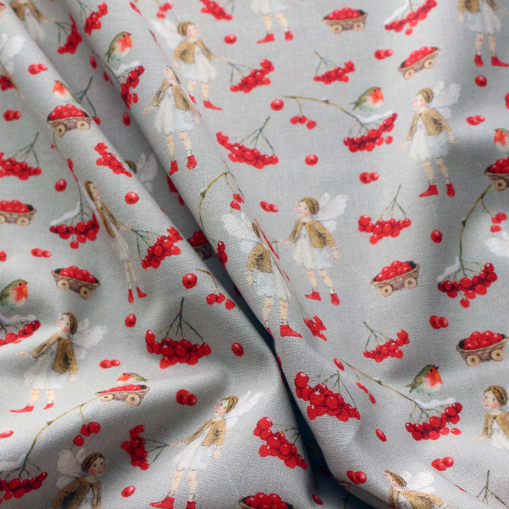 赤い実 140cm×50cm】acufactum290 赤い実と鳥と妖精 生地 ドイツ輸入生地