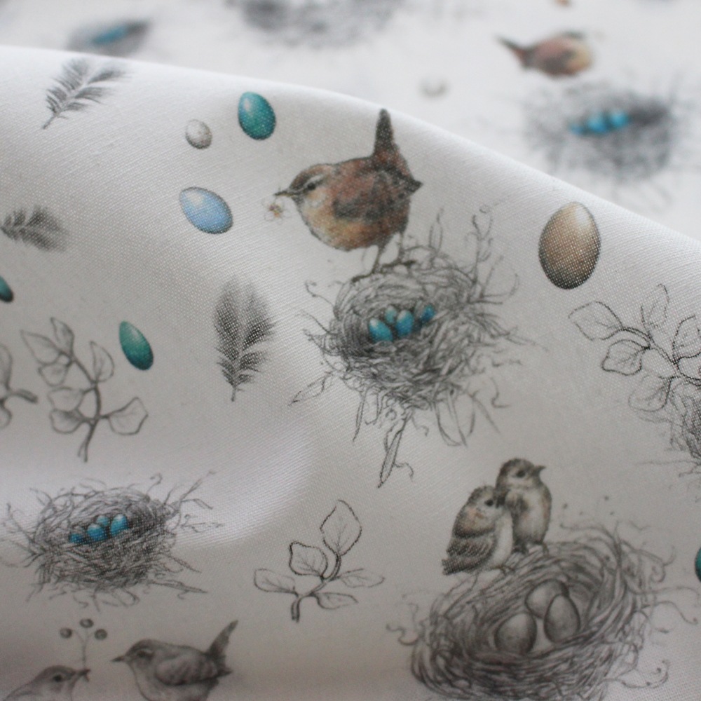 140cm×50cm】ドイツ輸入生地 acufactum789 鳥と鳥の巣とたまご柄の生地