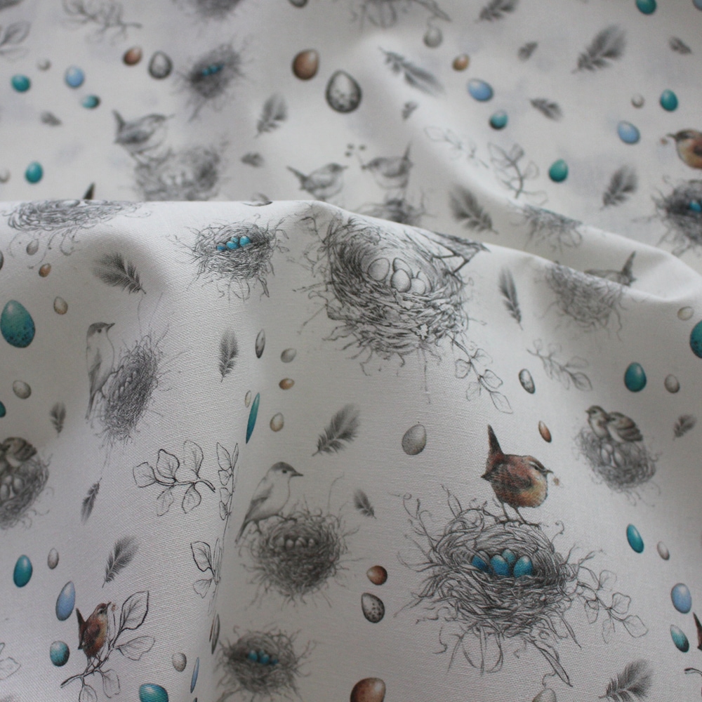 140cm×50cm】ドイツ輸入生地 acufactum789 鳥と鳥の巣とたまご柄の生地