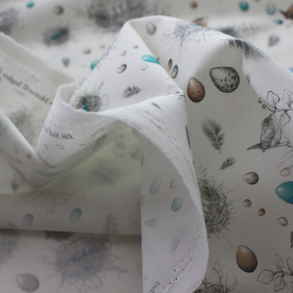 140cm×50cm】ドイツ輸入生地 acufactum789 鳥と鳥の巣とたまご柄の生地