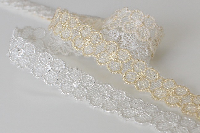 10mm/2色】MOKUBA62413 MOKUBA62414/00 4花弁のメタリックチュールレース