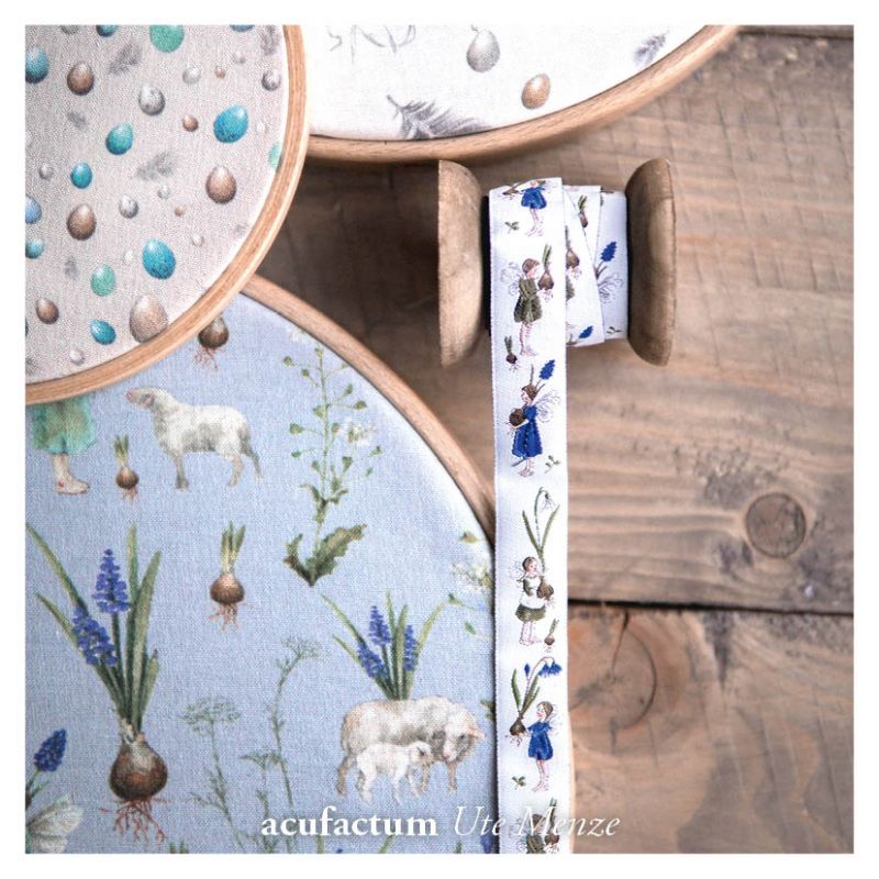 【50cm単位】acufactum312 約幅16mm/ムスカリ,球根,春の妖精柄のジャガードリボン　チロリアンテープ