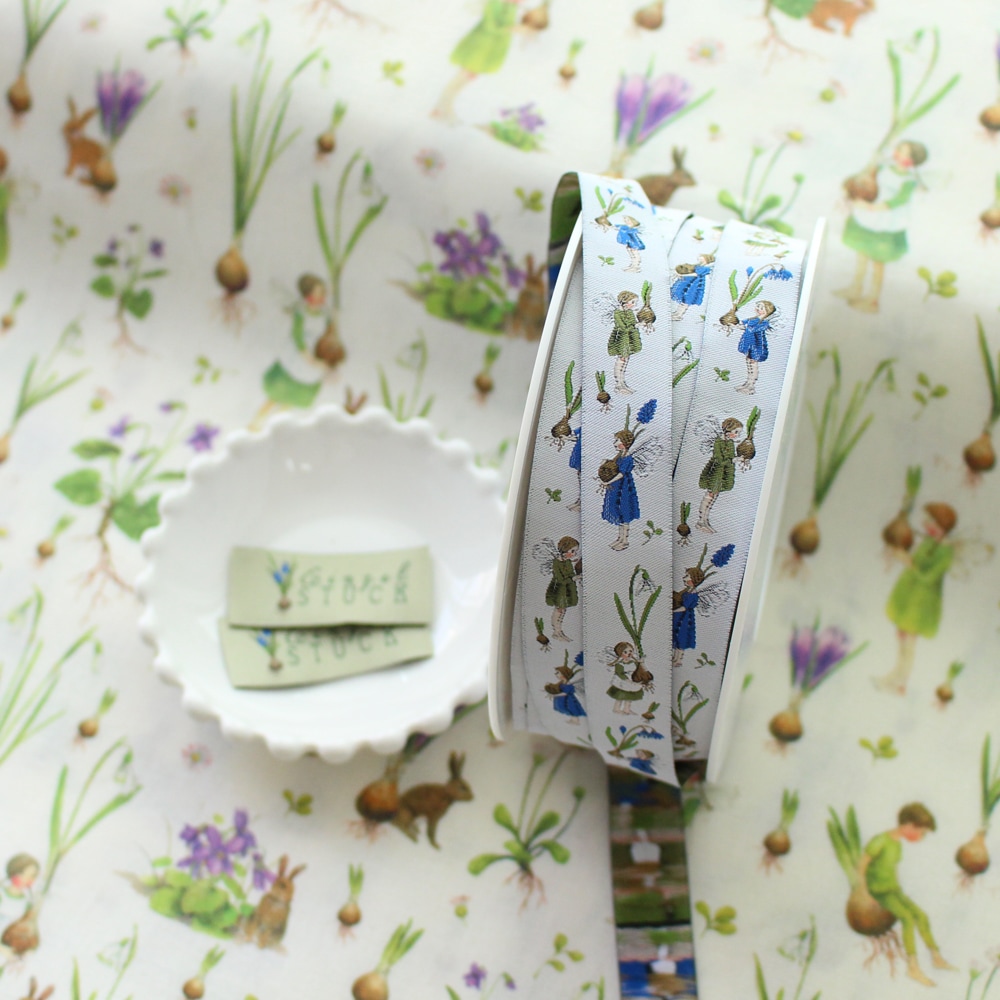 【50cm単位】acufactum312 約幅16mm/ムスカリ,球根,春の妖精柄のジャガードリボン　チロリアンテープ
