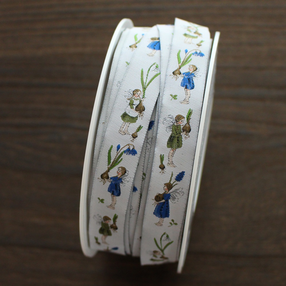 【50cm単位】acufactum312 約幅16mm/ムスカリ,球根,春の妖精柄のジャガードリボン　チロリアンテープ