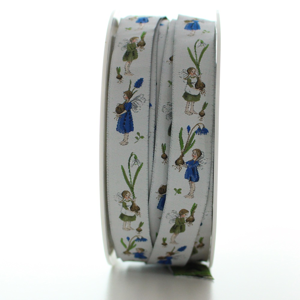 【50cm単位】acufactum312 約幅16mm/ムスカリ,球根,春の妖精柄のジャガードリボン　チロリアンテープ