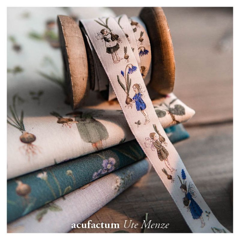 【50cm単位】acufactum312 約幅16mm/ムスカリ,球根,春の妖精柄のジャガードリボン　チロリアンテープ