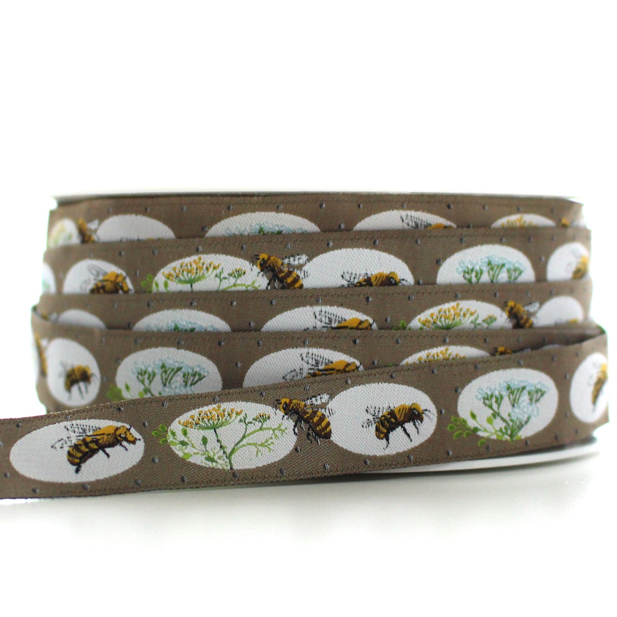acufactumアクファクトゥム【50cm単位】約幅16mm/ブラウン地ミツバチ柄ジャガードリボン　チロリアンテープ