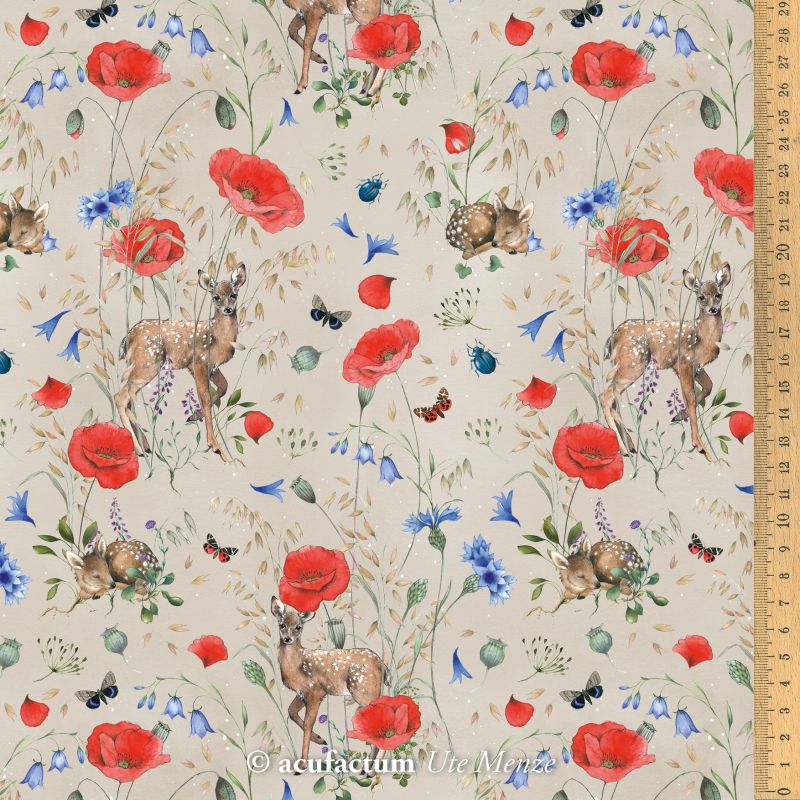 145cm×50cm】ドイツ輸入生地 acufactum843 シカとポピーと矢車草 夏の