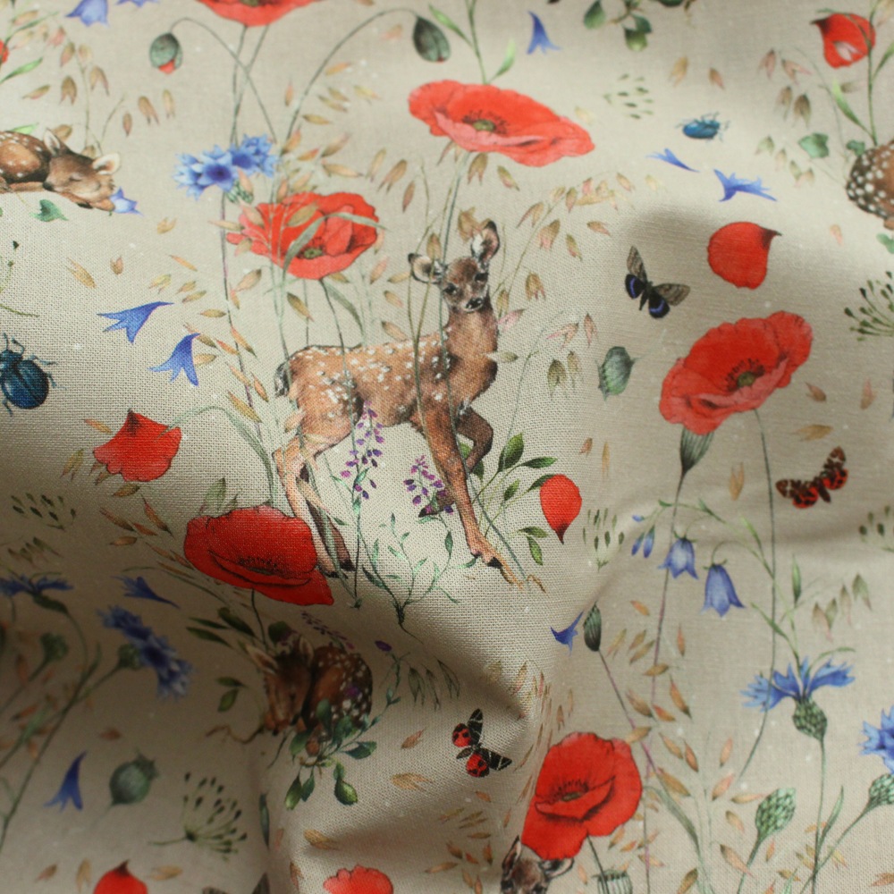 ハンドメイド「草原」 145cm×50cm】ドイツ輸入生地 acufactum843 シカとポピーと矢車草 夏の