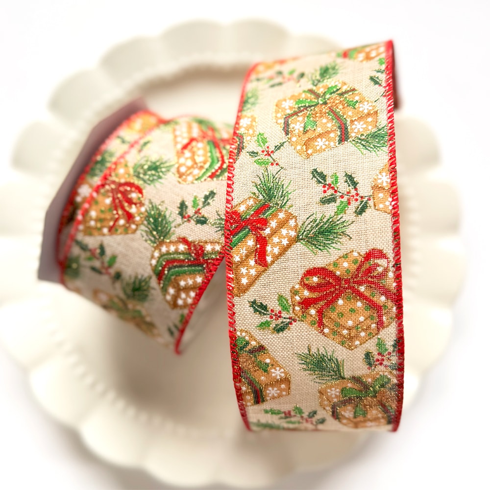 ワイヤー入り】ウィンターボックス クリスマスリボン-約63mm幅/レッド