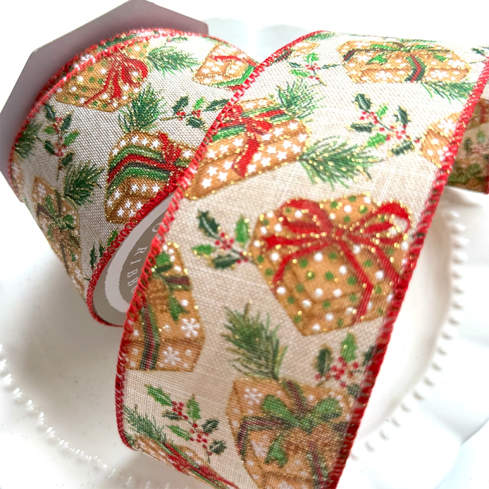 ワイヤー入り】ウィンターボックス クリスマスリボン-約63mm幅/レッド