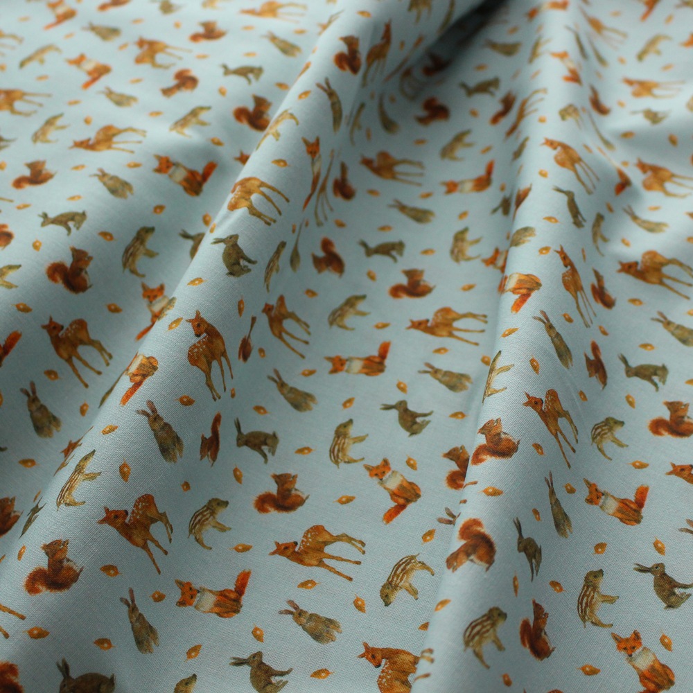 140cm 50cm Acufactum660 秋の森の動物たち キツネ イノシシ 鹿 リス ウサギ の生地ブルー 生地 こだわりの 手芸用リボン専門店 アイリボンテラキ