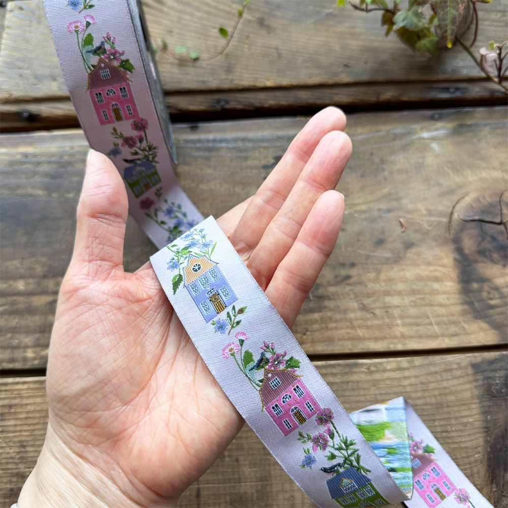 【50cm単位】約幅32mm お家と小鳥とお花のリボン チロリアンテープ