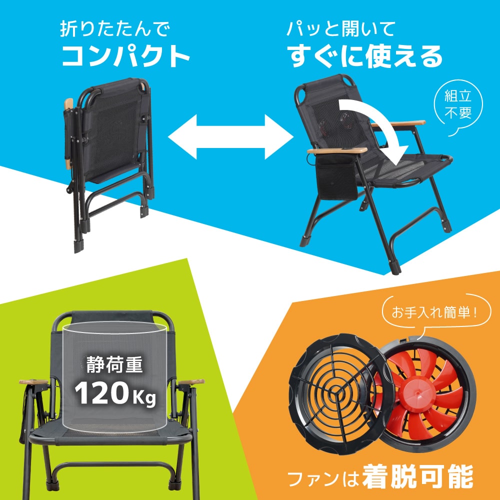 アウトドアローチェア ツインファンで蒸れずに快適「セナクール アウトドアチェア