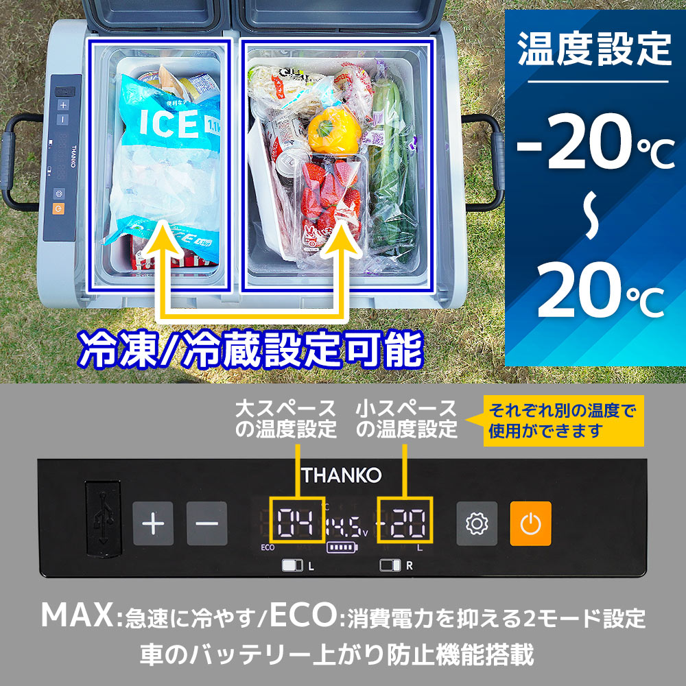 THANKO 45L 冷凍冷蔵庫 2ドア AC/DC対応 キャスター付き車載用2ドア冷凍冷蔵庫45L | 【公式】サンコー