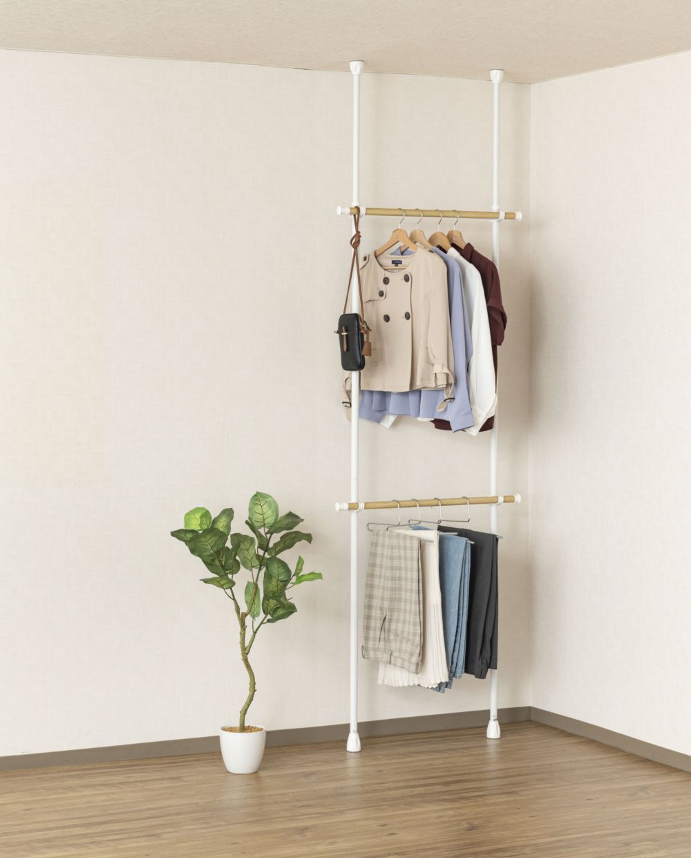 【当日支払】ドウシシャ 突っ張りハンガー2段横伸縮式 TH75-2WH ホワイト